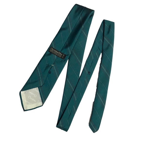 CHRISTIAN DIOR Teal Striped Silk Blend Tie- VINTAGE - Picture 3 of 7